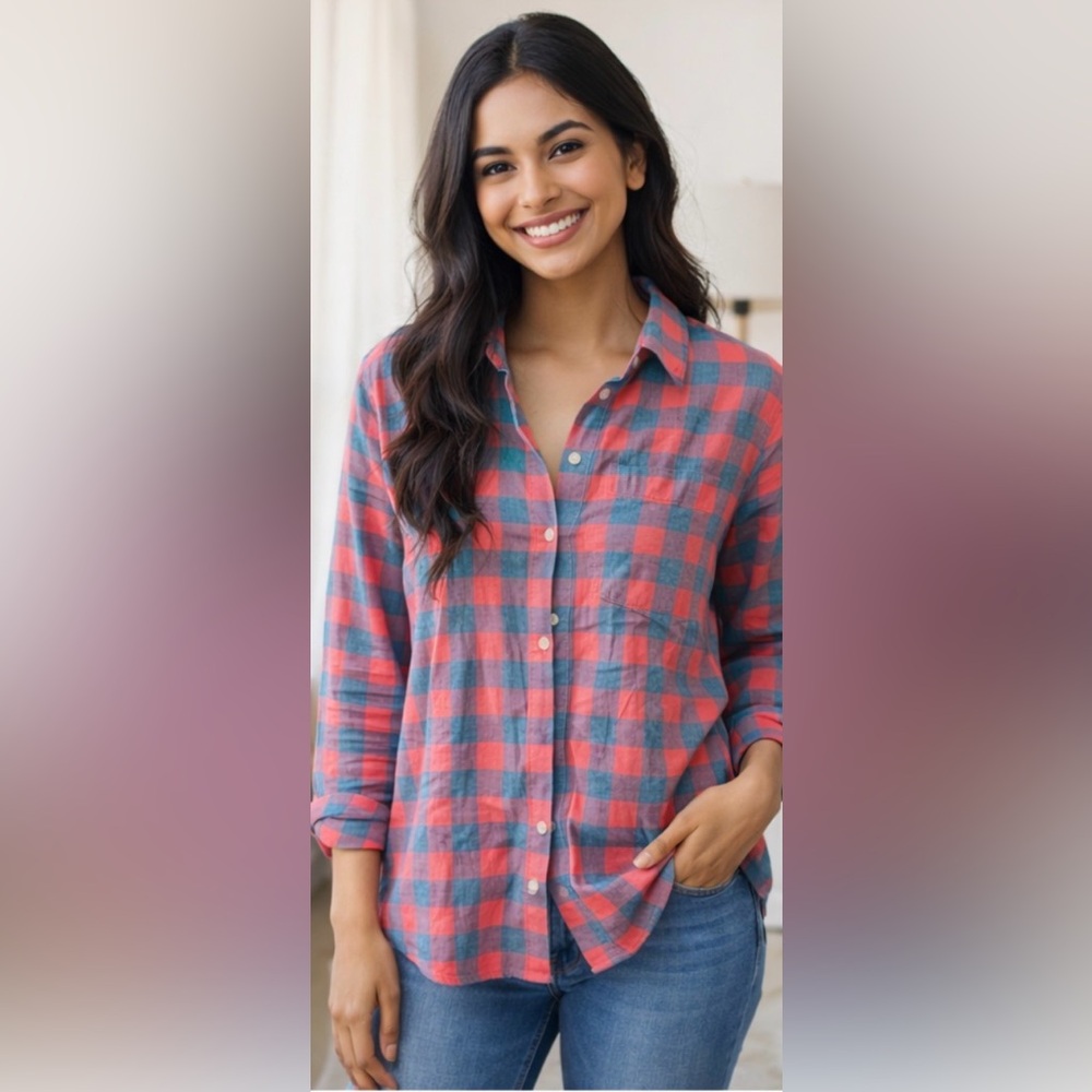 J. Crew Coral and Blue Plaid Button-Front Shirt